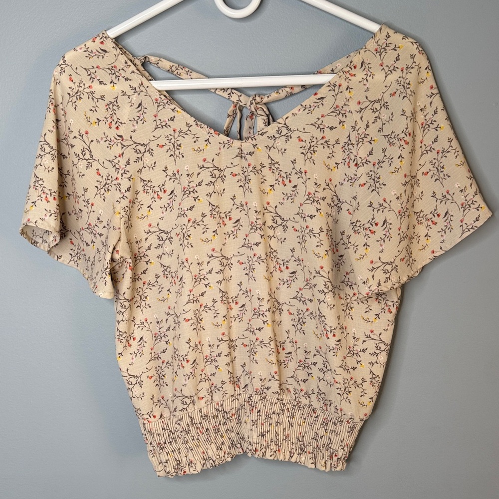 Floral Smocked Waist Crop Top V-Neck Tie Back Flutter Sleeve Blouse Beige